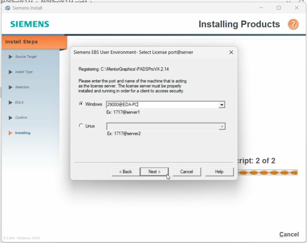 Siemens EBS User Environment configuration window