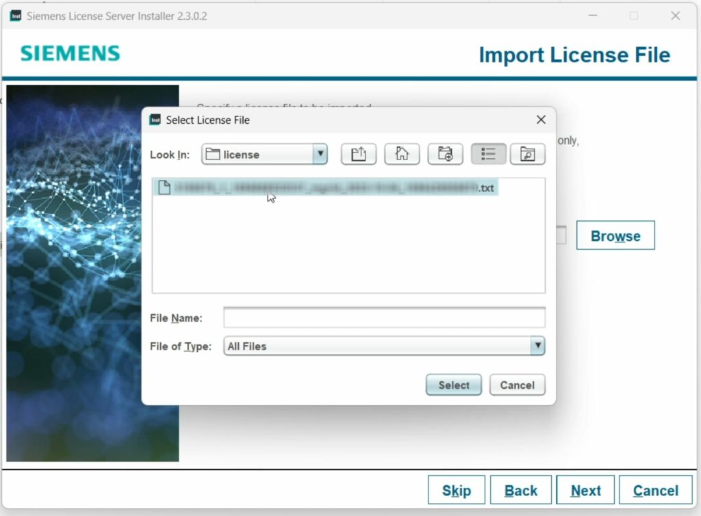 Import and select license file menu